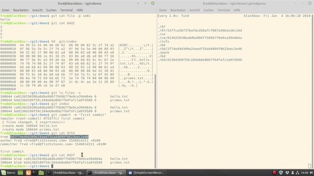 What happens to the staging area during a commit? git index sha1 hash tree blob cat-file ls-files