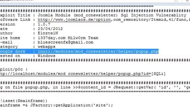 Joomla component mod_ccnewsletter Sql Injection Vulnerablity Perl