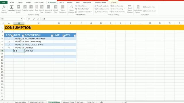 Stock Management in Excel | Production | Consumed | Inflow | Outflow