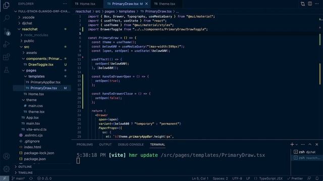Full Stack React Django DRF | Chat App | MUI Primary Draw (Part-2) Framework