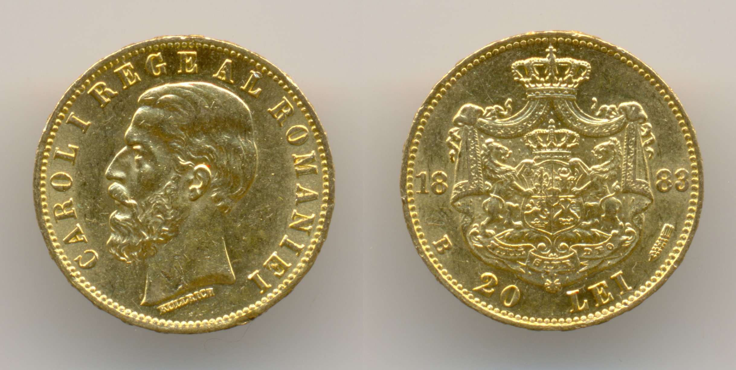 Нумизматика. Золотая монета. Румыния, 20 леев 1883 года.