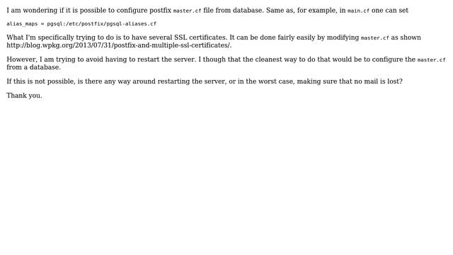 postfix master.cf configuration from database