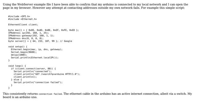 Arduino: Ethernet shield connected to local network, not to internet
