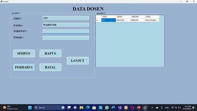 Tugas akhir membuat program data mahasiswa data dosen dan data meta kuliah menggunakan Visual Studi