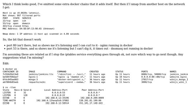 Unix & Linux: Able to connect to some ports open in iptables and not others