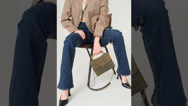 Сумка хаки на плечо, кожа и дерево