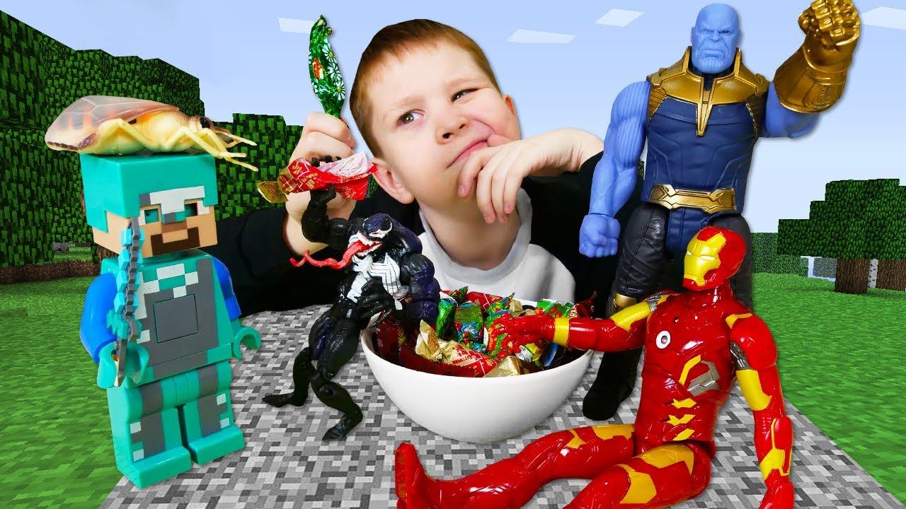 Майнкрафт видео приколы – Битва за вкусняшки! Танос и Веном против Мстителей! – Игры для детей.