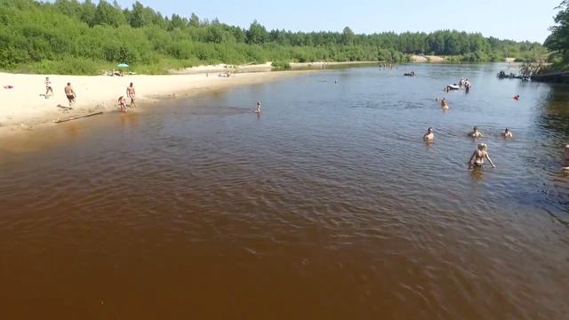 Люди загорают и купаются на реке Керженец. People swim and sunbathe at the beach forest.