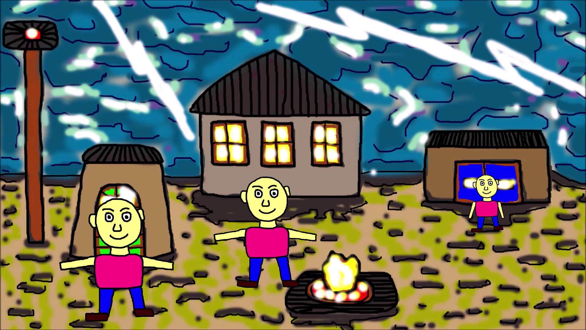 Анимационный рисунок Геннадия Горина: Человечки возле дома и молния