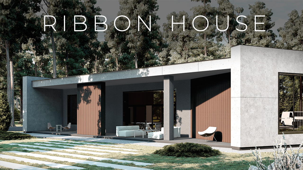 Индивидуальный проект одноэтажного дома сложной формы RIBBON HOUSE // Плоская крыша // 230м2