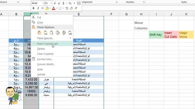 020  move columns in excel  -  Shift Key  - sort column headers - Insert Cut Cells