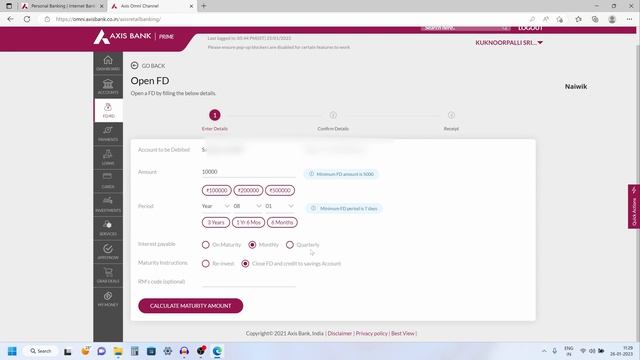 How to create a Fixed Deposit in Axis Bank onine via Internet Banking