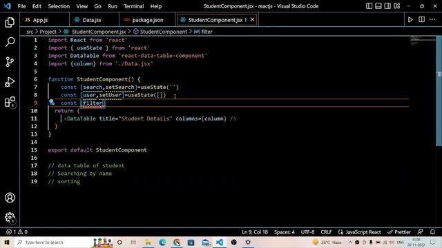 Searching  Sorting in React Data Table Component