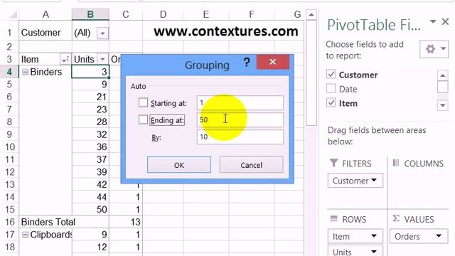Group Numbers by Tens in Excel Pivot Table