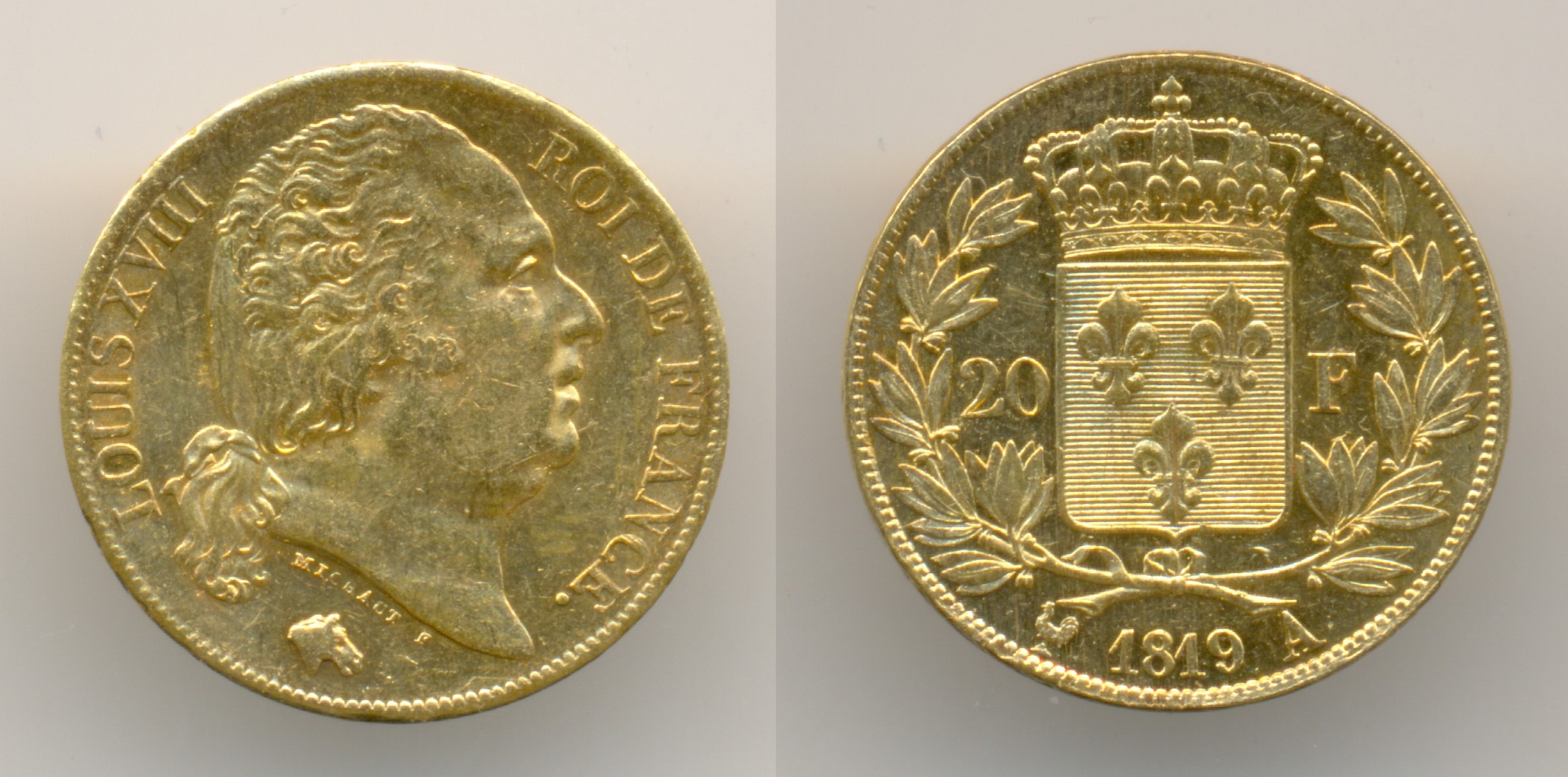 Нумизматика. Золотая монета. Франция, 20 франков 1819 года.