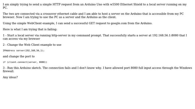 Arduino: Send HTTP request from Arduino Ethernet to server on PC