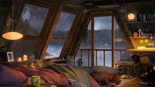 Cozy Cabin Ambience Overlooking a Lake with Rain Sounds   Rain Ambience   3 HOURS