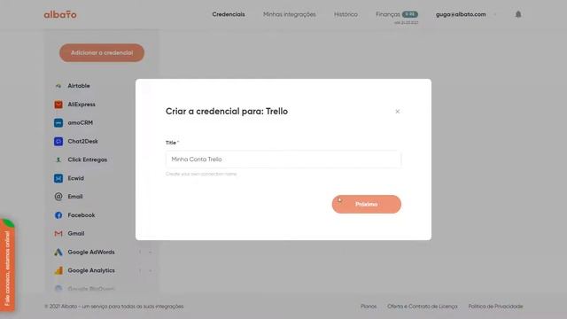 Criando credencial do Trello na Albato