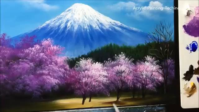 The cherry blossoms in the Mt. Fuji  Acrylic Painting - FULL