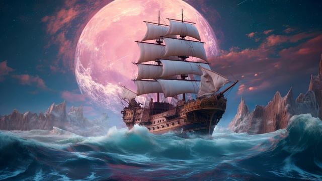 Паруса на Фоне Розовой Луны | Fantasy Ship | Sails | Pink Moon - Живые Обои