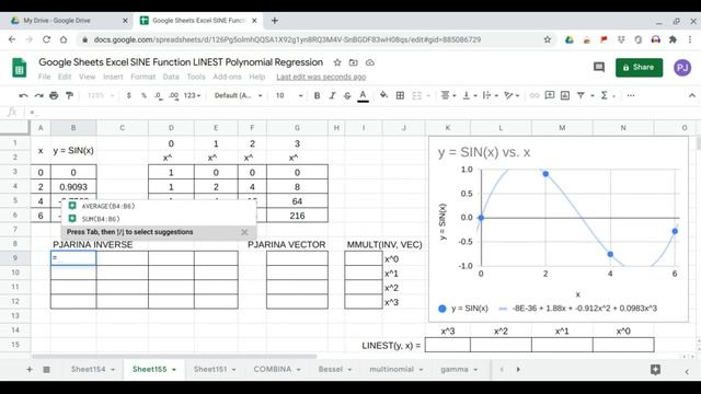 Google Sheets Excel SINE Function LINEST Polynomial Regression