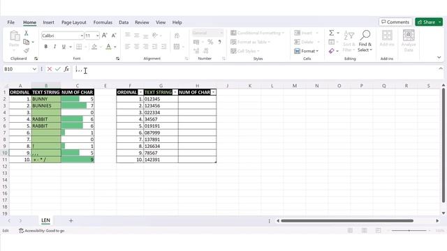 Excel - Text function - LEN - character counter