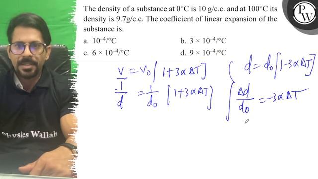 The density of a substance at 0^∘C is 10  g / c.c. and at 100^∘C its density is 9.7  g / c.c. The..