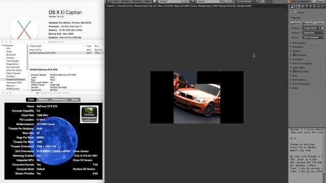 MacBook Pro Retina 15" running Blender BMW benchmark with external GTX970