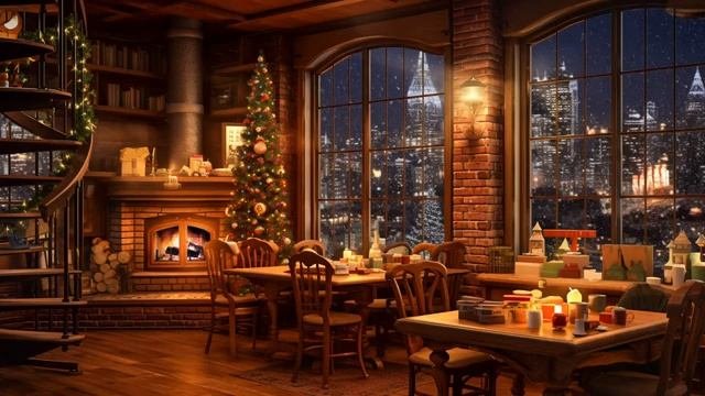 Warm Christmas Cafe Ambience with Christmas Jazz Music 2024 Fireplace Burning Sounds