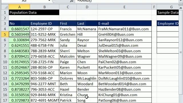 Excel 2010 Statistics 66: Simple Random Sample Using RAND Function Sort and Copy Paste