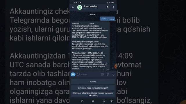 TELEGRAM: tezda spamdan chiqish 1minutda?