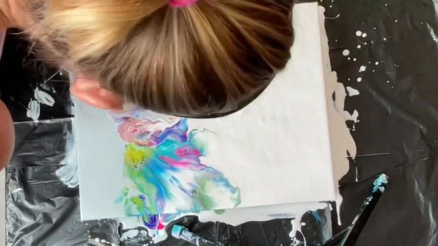 Dutch pour split color base with rainbow & neon colors. Acrylic pouring, fluid art, pour painting