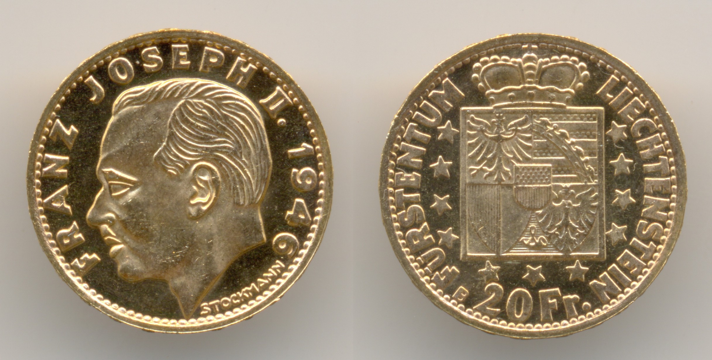 Нумизматика. Золотая монета. Лихтенштейн, 20 франков 1946 года.