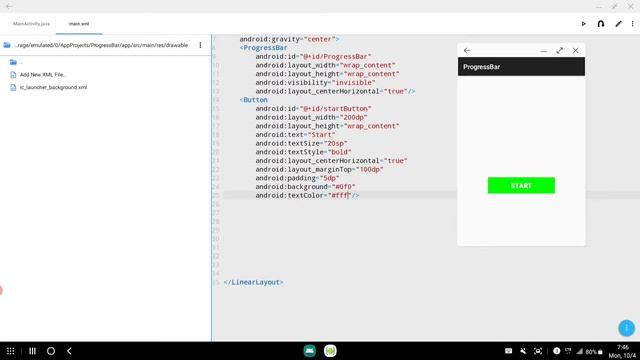 ProgressBar displayed spinning wheel progressbar in aide-ide for Android tutorial
