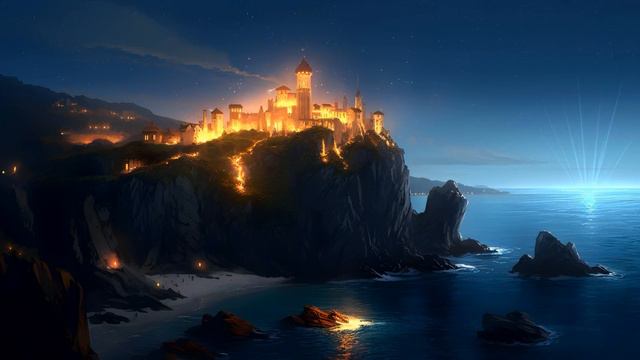 Пейзаж Сказочной Крепости в Ночное Время | Coastal Fantasy Castle at Night Lights - Живые Обои