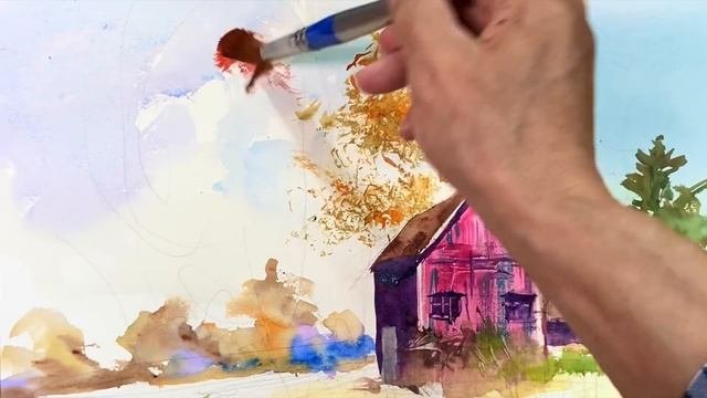 Healing Watercolor Art  Autumn Trees Path  landscape