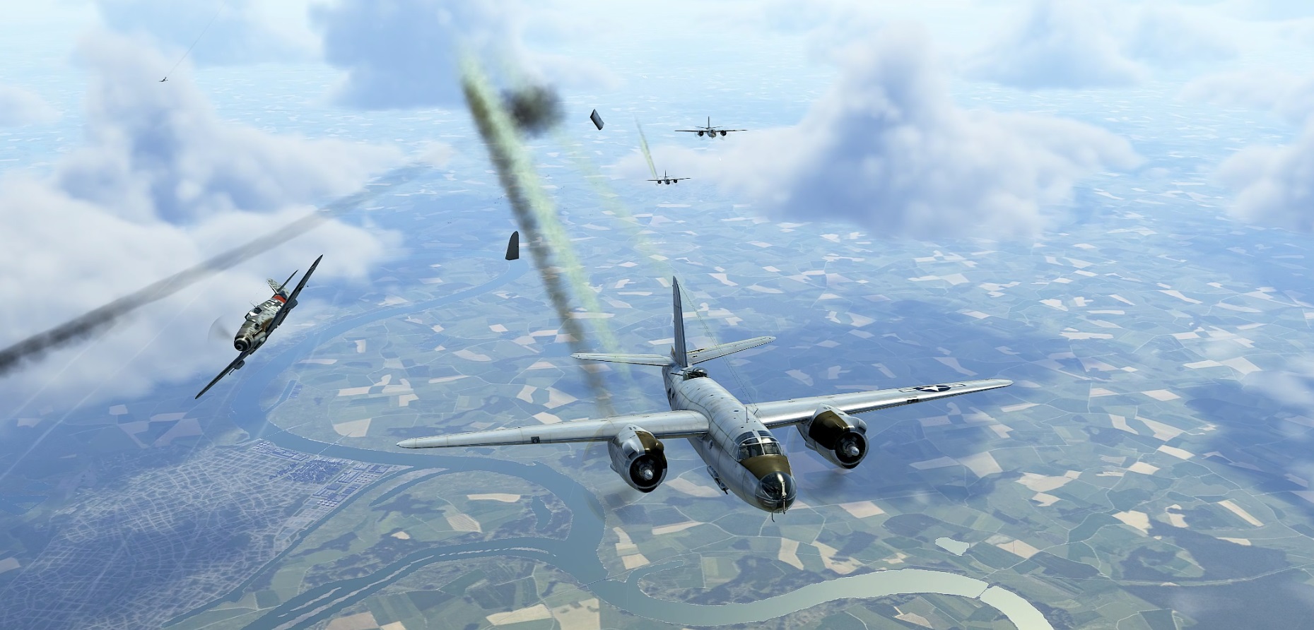 Атака Bf 109 G-6 late против бомбардировщиков Martin B-26 «Marauder». Прям на куски!