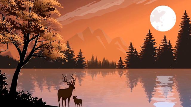 Пиксельный Пейзаж | Семейка Оленей | Reindeer Mother and Child Lake Forest - Живые Обои
