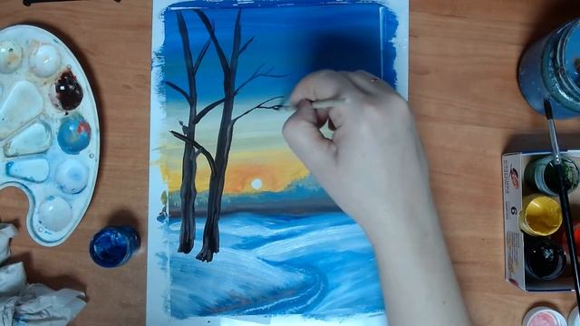 зимняя дорога, гуашь