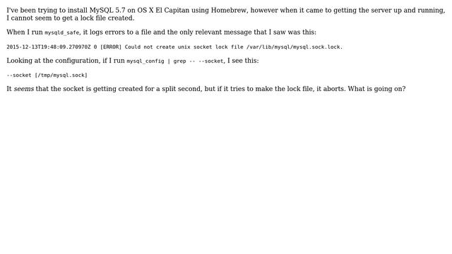 "Could not create unix socket lock file" with MySQL 5.7.10 on OS X 10.11.2