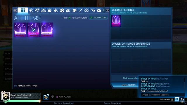 RL SCAMMER ALERT!! Drugs-Da-K1ng | Frex is the Best | Rocket League Season 7 S7 Trade Scam Trading