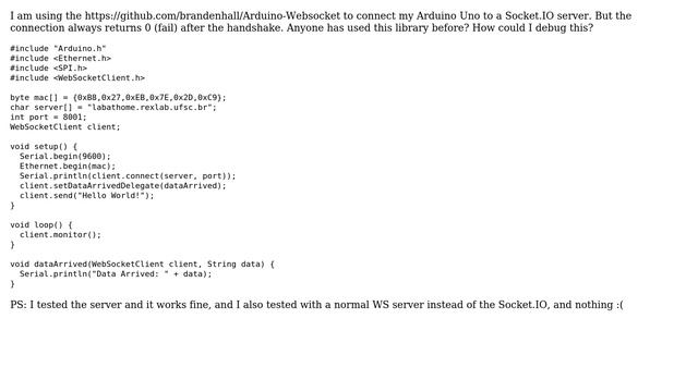 Arduino: Arduino connection websocket always fails