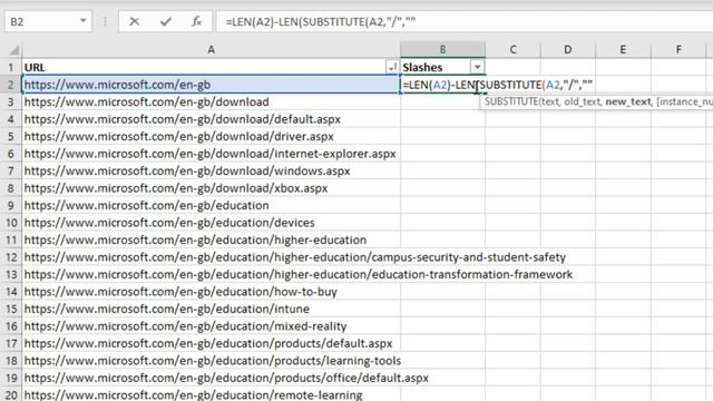 Count the number of slashes in a URL or other text string [Digital Marketing Example]