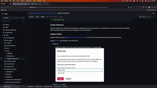 Kubernetes Release Team Docs - On Release Day, Delete Unsupported Docs Site in Netlify