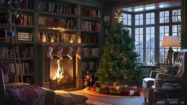 Cozy Christmas Ambience with Snow, Crackling Fire and Gentle Wind Sounds ASMR