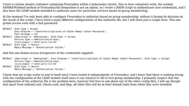 Freeradius, authenticate via BASH script, authorize via LDAP group membership?