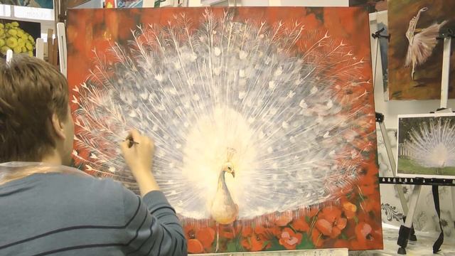 Белый павлин. Картина акрилом на холсте поэтапно. Часть II.