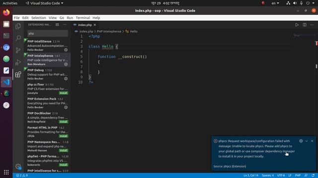 visual studio code showing errors on class declaration  '{' expected .php '}' expected .php | fixed