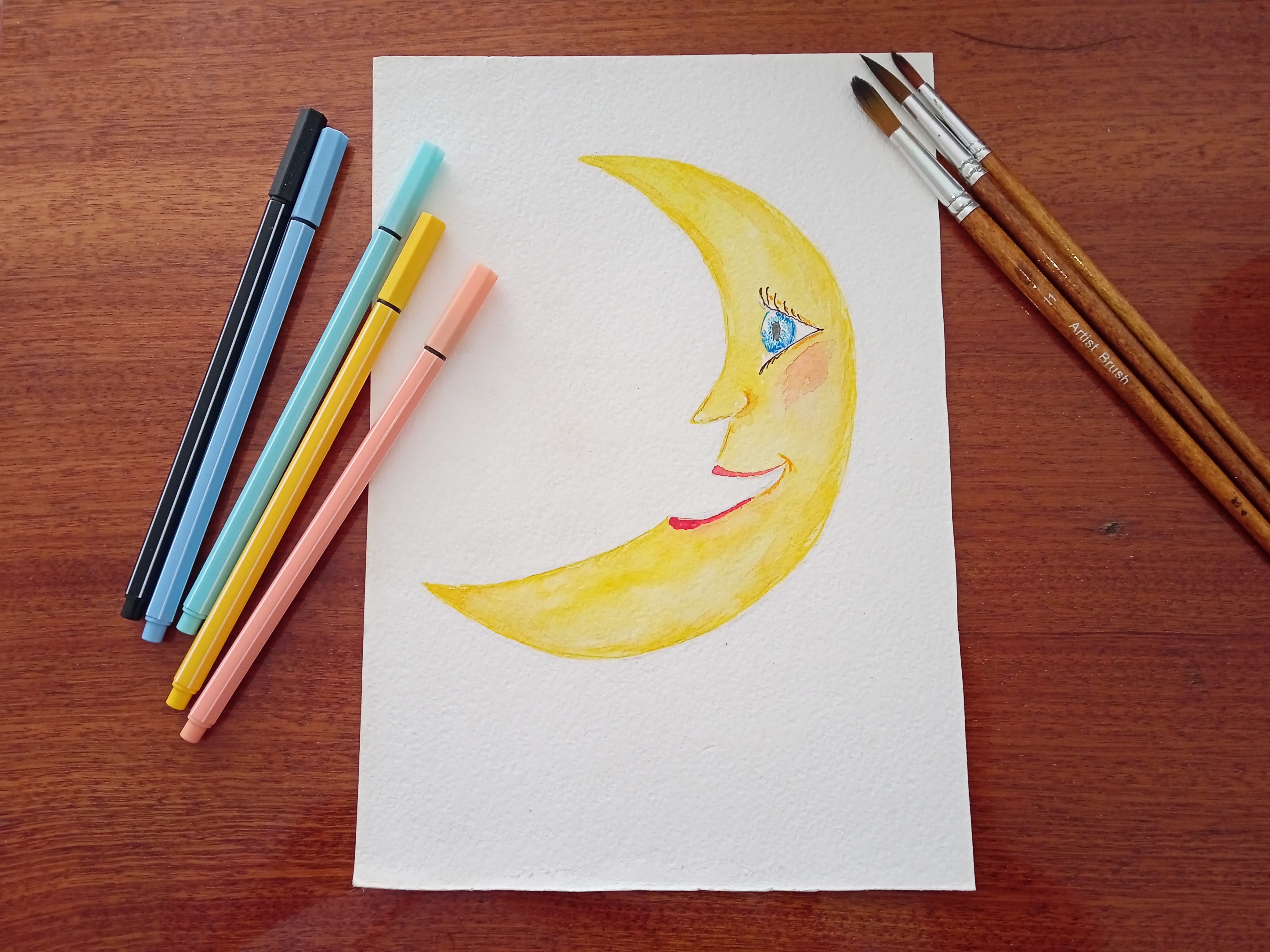 Луна. Персонаж. Акварельный спидпейнт. Акварель+цветные линеры. Watercolor speedpaint