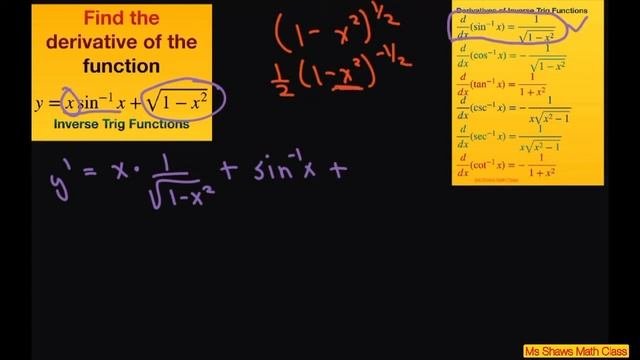 Find Derivative Of Y= X Sin^(-1) X + Sqrt(1 - X^2). Derivatives Of Inverse Trig Functions